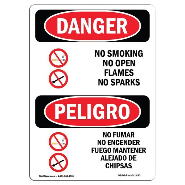 Signmission OSHA Sign, No Smoking Open Flames Sparks Bilingual, 14in X 10in Rigid Plastic, 10" W, 14" L, Spanish OS-DS-P-1014-VS-1492